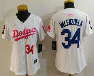 Women%27s Los Angeles Dodgers #34 Toro Valenzuela Number White Pink With Patch Limited Stitched Jersey